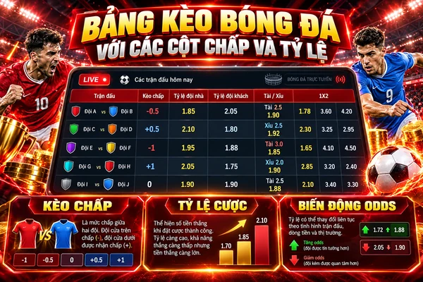 Bảng kèo bóng đá với các cột kèo chấp châu Á, tỷ lệ cược đội nhà, đội khách, tài xỉu và kèo châu Âu 1X2.