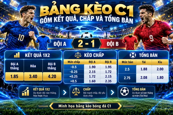 Bảng kèo C1 Champions League với tỷ lệ kết quả 1X2, kèo chấp châu Á và tổng bàn thắng Tài Xỉu.