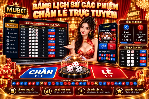 Bảng Lịch Sử Các Phiên Chẵn Lẻ Trực Tuyến MUBET Bảng lịch sử các phiên chẵn lẻ trực tuyến MUBET với kết quả xúc xắc, thống kê Chẵn Lẻ và lịch sử các lượt chơi.