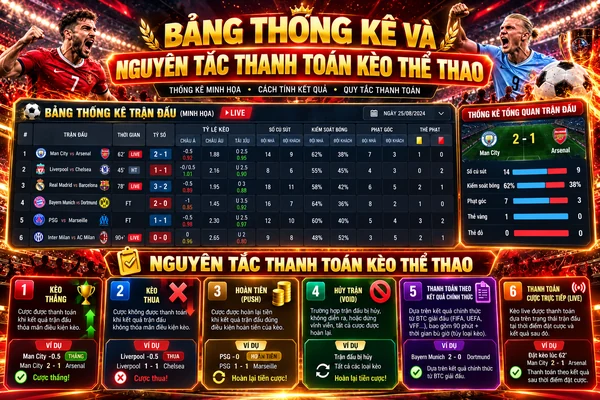 Bảng thống kê và nguyên tắc thanh toán kèo thể thao với tỷ lệ cược bóng đá, kết quả trận đấu và các trường hợp thắng, thua, hoàn tiền.