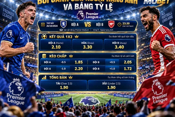 Bối cảnh giải Ngoại hạng Anh và bảng tỷ lệ MUBET với kèo bóng đá 1X2, kèo chấp châu Á và tổng bàn thắng Tài Xỉu.