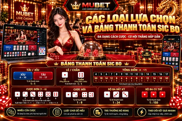Các Loại Lựa Chọn Và Bảng Thanh Toán Sic Bo MUBET Các loại lựa chọn và bảng thanh toán Sic Bo MUBET gồm Tài Xỉu, Lẻ Chẵn, tổng điểm, cược đơn, cược đôi và bộ ba xúc xắc.