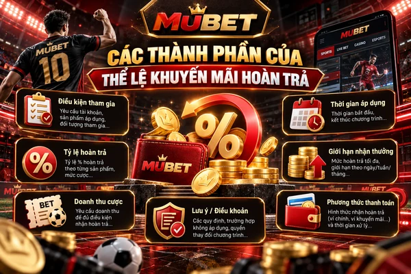 Các thành phần của thể lệ khuyến mãi hoàn trả MUBET gồm điều kiện tham gia, tỷ lệ hoàn trả, doanh thu cược, thời gian áp dụng và giới hạn nhận thưởng.