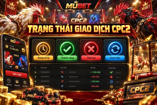 Các trạng thái giao dịch trong sảnh đá gà CPC2 MUBET gồm đang xử lý, thành công, thất bại và hoàn tiền cùng bảng lịch sử giao dịch.
