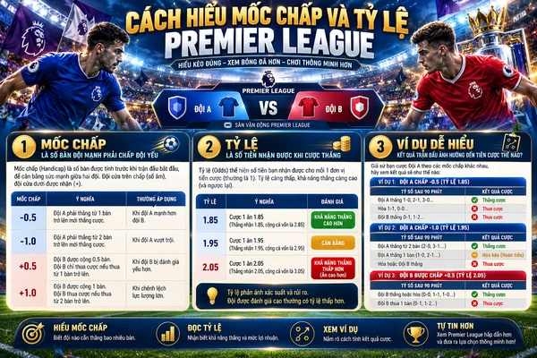 Cách hiểu mốc chấp và tỷ lệ Premier League với bảng kèo châu Á, các mức chấp 0.5, 1.0 và ví dụ tính kết quả cược bóng đá.