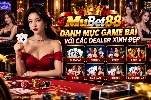 Danh mục game bài MUBET88 với các dealer xinh đẹp, gồm Baccarat, Poker, Blackjack, Sic Bo và Rồng Hổ. Danh mục game bài MUBET88 với các dealer xinh đẹp, gồm Baccarat, Poker, Blackjack, Sic Bo và Rồng Hổ.