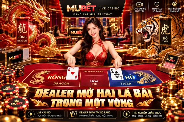 Dealer Mở Hai Lá Bài Trong Một Vòng Dragon Tiger MUBET Dealer mở hai lá bài trong một vòng Dragon Tiger MUBET tại hai vị trí Rồng và Hổ trên bàn Live Casino.