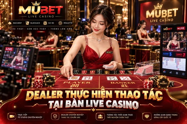 Dealer Thực Hiện Thao Tác Tại Bàn Live Casino MUBET Dealer thực hiện thao tác tại bàn Live Casino MUBET với bàn chia bài trực tiếp, chip cược và giao diện theo dõi kết quả.
