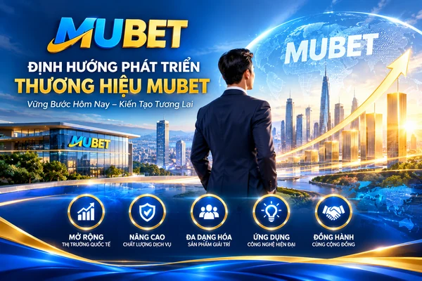 Định Hướng Phát Triển Thương Hiệu MUBET Định hướng phát triển thương hiệu MUBET với hình ảnh biểu đồ tăng trưởng, công nghệ và chiến lược mở rộng.