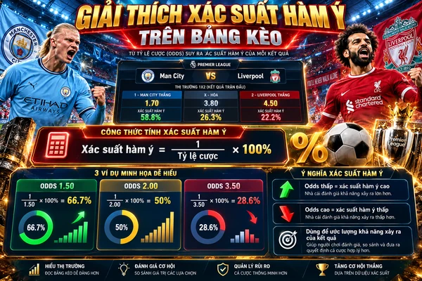 Giải thích xác suất hàm ý trên bảng kèo bóng đá với công thức tính từ tỷ lệ cược odds và ví dụ quy đổi sang phần trăm.