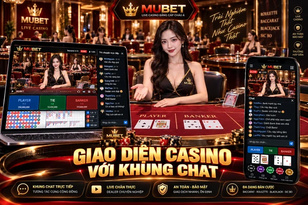Giao Diện Casino Với Khung Chat Trực Tiếp MUBET Giao diện Live Casino MUBET với khung chat trực tiếp, dealer chia bài Baccarat và tính năng tương tác trên máy tính, điện thoại.