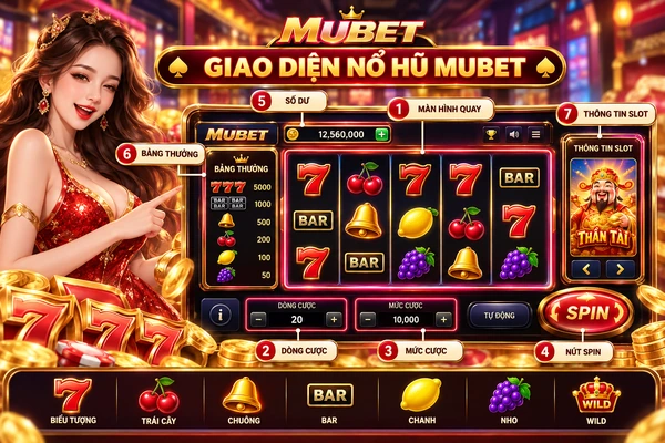 Giao diện nổ hũ MUBET với các khu vực chức năng và thông tin trò chơi slot