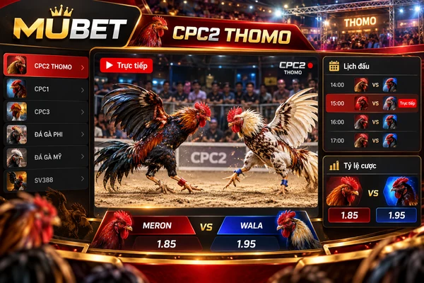 Giao diện sảnh cược đá gà CPC2 Thomo MUBET với hai chiến kê, màn hình trực tiếp, lịch thi đấu và bảng tỷ lệ Meron, Wala.