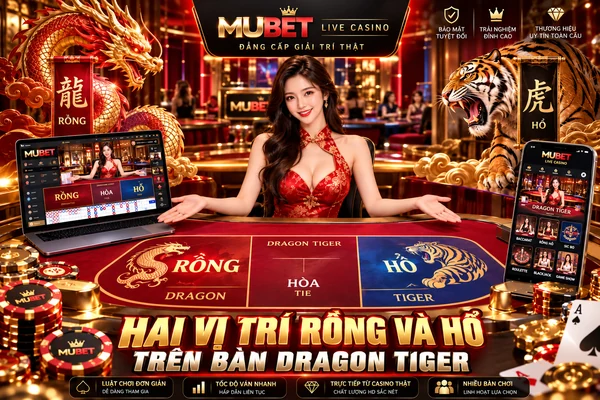 Hai vị trí Rồng và Hổ trên bàn Dragon Tiger MUBET với khu vực đặt cược Rồng, Hổ và Hòa trong Live Casino.