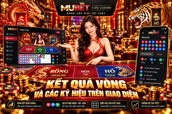 Kết Quả Vòng Và Các Ký Hiệu Trên Giao Diện MUBET Kết quả vòng và các ký hiệu trên giao diện Dragon Tiger MUBET với biểu tượng Rồng, Hổ, Hòa và bảng lịch sử kết quả.