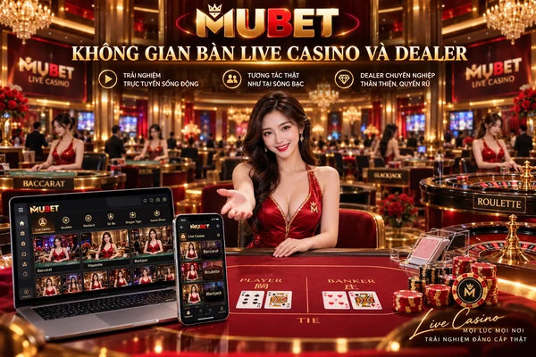 Không gian bàn Live Casino MUBET với dealer trực tiếp, bàn Baccarat, Roulette và giao diện casino trên máy tính, điện thoại.