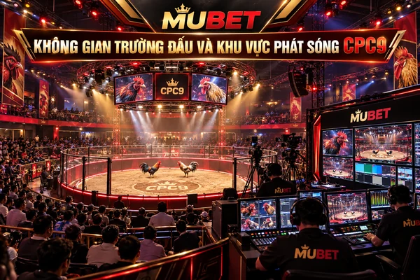 Không gian trường đấu CPC9 MUBET với sàn thi đấu đá gà, khu vực khán giả, hệ thống camera và phòng điều khiển phát sóng trực tiếp.