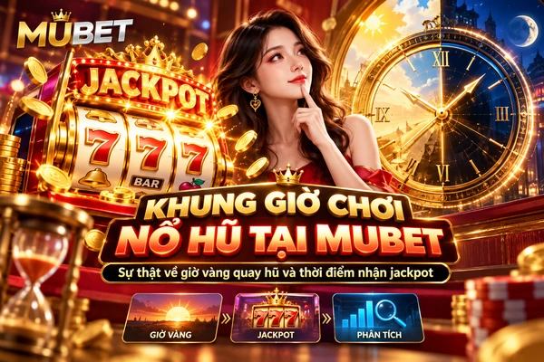 Khung giờ chơi nổ hũ tại MUBET với hình minh họa giờ vàng quay hũ và jackpot