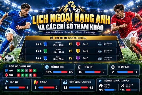 Lịch Ngoại Hạng Anh Và Các Chỉ Số Tham Khảo Lịch Ngoại hạng Anh và các chỉ số tham khảo với bảng lịch thi đấu, phong độ 5 trận gần nhất, kiểm soát bóng, số cú sút và thống kê xG.