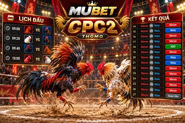 Lịch thi đấu và bảng kết quả đá gà CPC2 Thomo MUBET với danh sách trận, kết quả Meron, Wala, BDD và hoàn tiền.