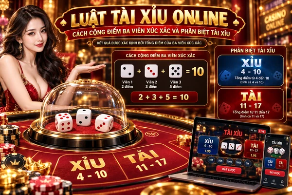 Luật tài xỉu online minh họa cách cộng điểm ba viên xúc xắc và phân biệt kết quả Tài Xỉu qua bảng hướng dẫn trực quan.