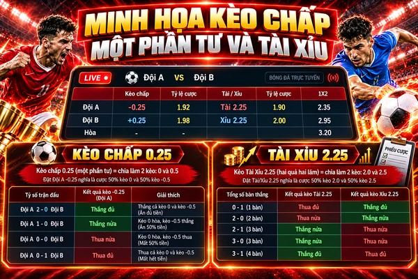 Minh họa kèo chấp một phần tư 0.25 và kèo tài xỉu 2.25 với bảng ví dụ thắng nửa, thua nửa và cách tính kết quả cược.