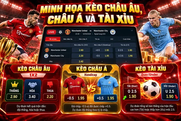 Minh họa kèo châu Âu, kèo châu Á và kèo tài xỉu với bảng tỷ lệ cược bóng đá, đội thi đấu và ví dụ 1X2, handicap, over under.