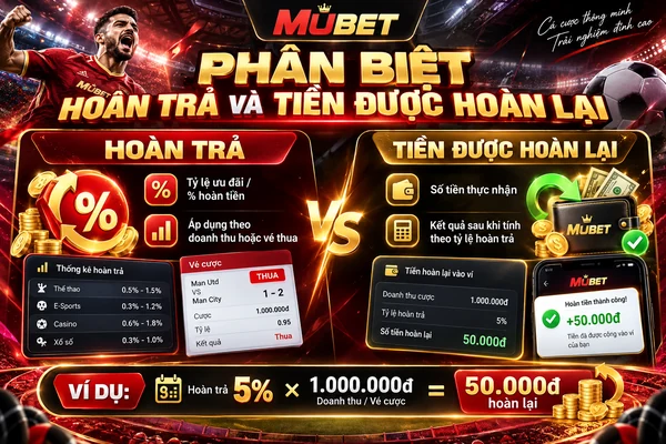 Phân biệt hoàn trả và tiền được hoàn lại MUBET với tỷ lệ hoàn tiền, doanh thu cược, ví điện tử và ví dụ cách tính số tiền nhận lại.