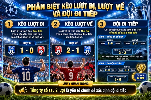 Phân biệt kèo lượt đi, lượt về và đội đi tiếp trong Champions League với ví dụ tỷ số hai lượt trận và cách xác định đội giành quyền vào vòng tiếp theo.