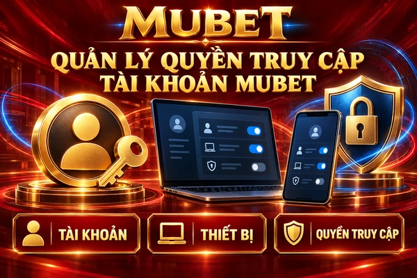 Minh họa quản lý quyền truy cập tài khoản MUBET với máy tính, điện thoại, chìa khóa và khiên bảo vệ.
