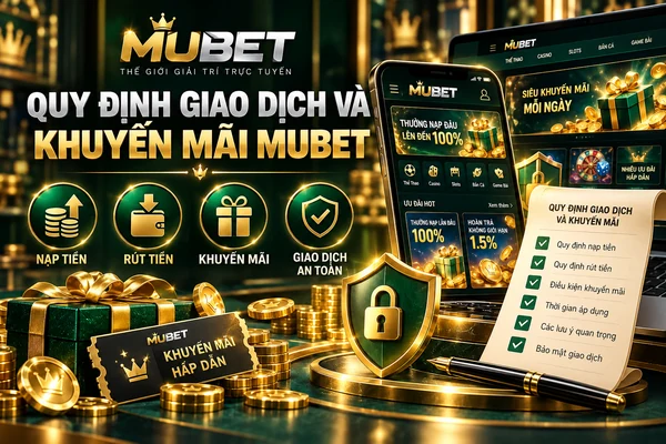 Quy định giao dịch và khuyến mãi MUBET với các nội dung nạp tiền, rút tiền, ưu đãi và bảo mật giao dịch.