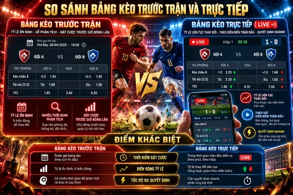 So sánh bảng kèo trước trận và trực tiếp với tỷ lệ cược ổn định trước giờ bóng lăn và bảng kèo live thay đổi theo diễn biến trận đấu.