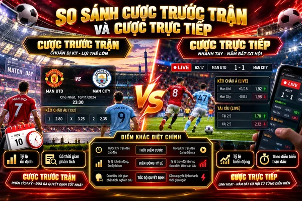 So sánh cược trước trận và cược trực tiếp trong bóng đá với bảng tỷ lệ kèo, thời điểm đặt cược và biến động tỷ lệ theo diễn biến trận đấu.