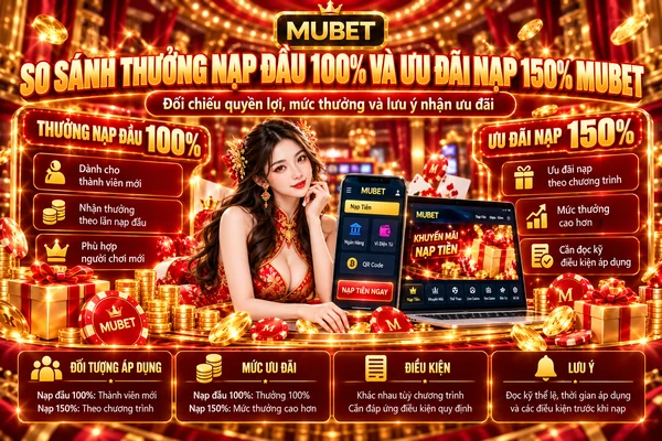 So sánh thưởng nạp đầu 100% và ưu đãi nạp 150% MUBET với các thông tin về mức thưởng, đối tượng áp dụng và điều kiện nhận khuyến mãi.