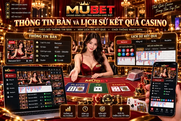 Thông tin bàn và lịch sử kết quả casino MUBET với giao diện Baccarat, thống kê kết quả và bảng lịch sử các ván chơi.