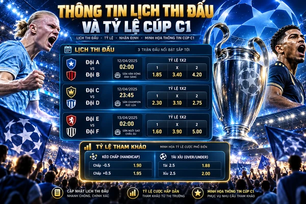 Thông tin lịch thi đấu và tỷ lệ Cúp C1 Champions League với bảng lịch các trận bóng đá, tỷ lệ kèo châu Âu 1X2, kèo chấp và tài xỉu.