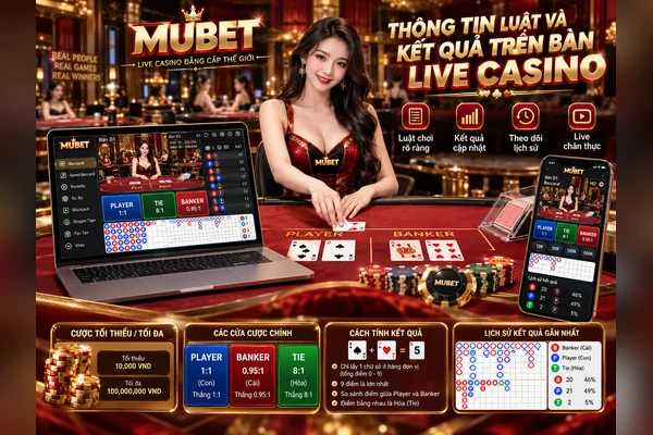 Thông Tin Luật Và Kết Quả Trên Bàn Live Casino MUBET Thông tin luật và kết quả trên bàn Live Casino MUBET với dealer trực tiếp, bảng Baccarat, tỷ lệ trả thưởng và lịch sử kết quả.