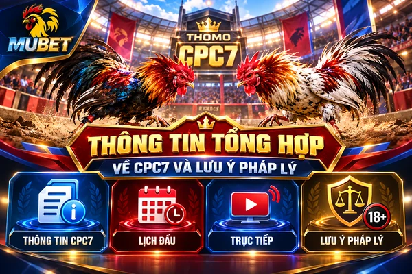 Thông tin tổng hợp đá gà Thomo CPC7 MUBET với hai chiến kê, lịch thi đấu, mục trực tiếp và biểu tượng lưu ý pháp lý 18+.