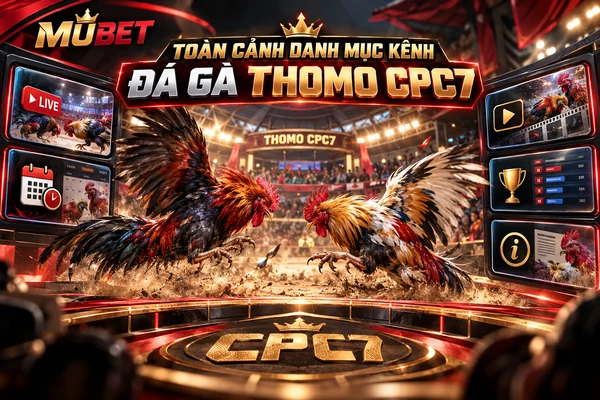 Toàn cảnh danh mục kênh đá gà Thomo CPC7 MUBET với hai chiến kê, giao diện phát sóng trực tiếp, lịch thi đấu và thông tin trận đấu.