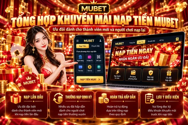 Tổng hợp khuyến mãi nạp tiền MUBET với ưu đãi nạp lần đầu, thưởng nạp định kỳ, hoàn trả và điều kiện nhận thưởng.