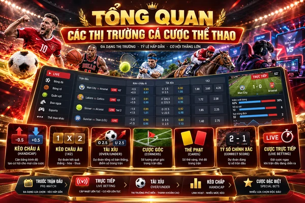 Tổng quan các thị trường cá cược thể thao gồm kèo châu Á, kèo châu Âu, tài xỉu, phạt góc, thẻ phạt và cược trực tiếp.