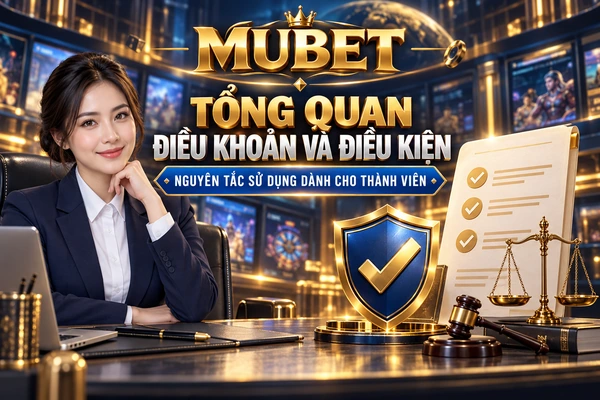 Người mẫu bên cạnh tài liệu điều khoản, khiên bảo vệ và cán cân trong ảnh MUBET.
