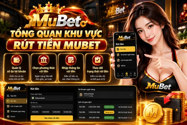 Tổng quan khu vực rút tiền MuBet với giao diện quản lý số dư, lựa chọn ngân hàng, nhập thông tin rút tiền và theo dõi trạng thái giao dịch.